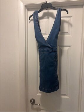 Free People Deep V Denim Overall Dress in Blue